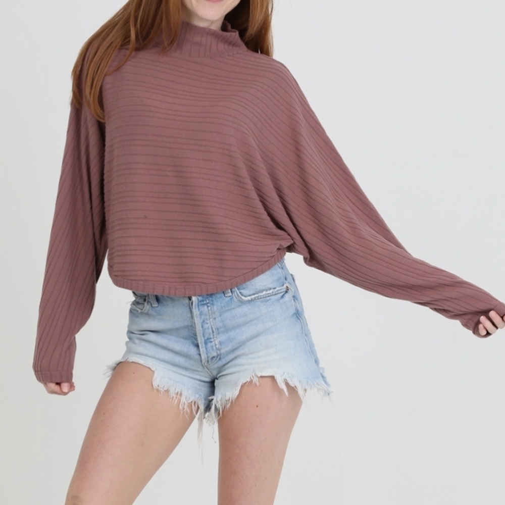 Angie Mauve Batwing Ribbed Mock Neck Long Sleeve Top - Picture 4 of 12